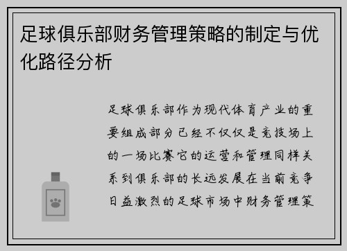 足球俱乐部财务管理策略的制定与优化路径分析