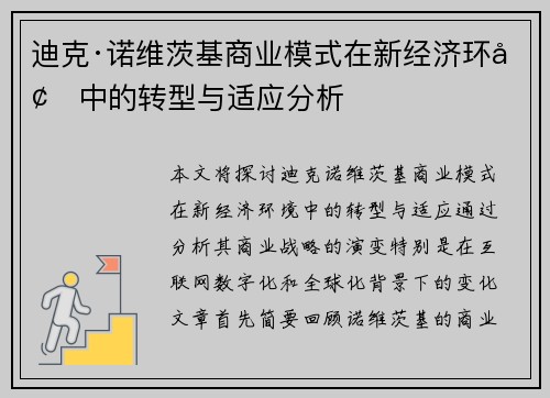 迪克·诺维茨基商业模式在新经济环境中的转型与适应分析
