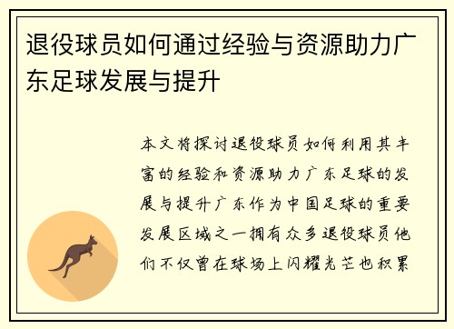 退役球员如何通过经验与资源助力广东足球发展与提升
