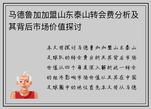马德鲁加加盟山东泰山转会费分析及其背后市场价值探讨