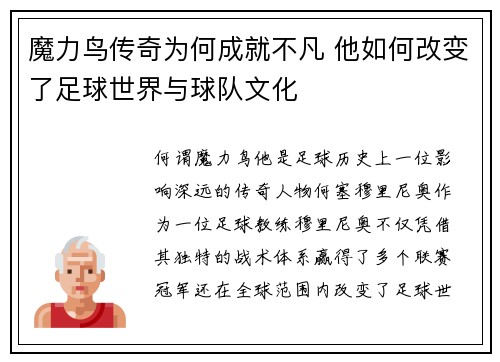 魔力鸟传奇为何成就不凡 他如何改变了足球世界与球队文化
