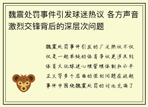 魏震处罚事件引发球迷热议 各方声音激烈交锋背后的深层次问题